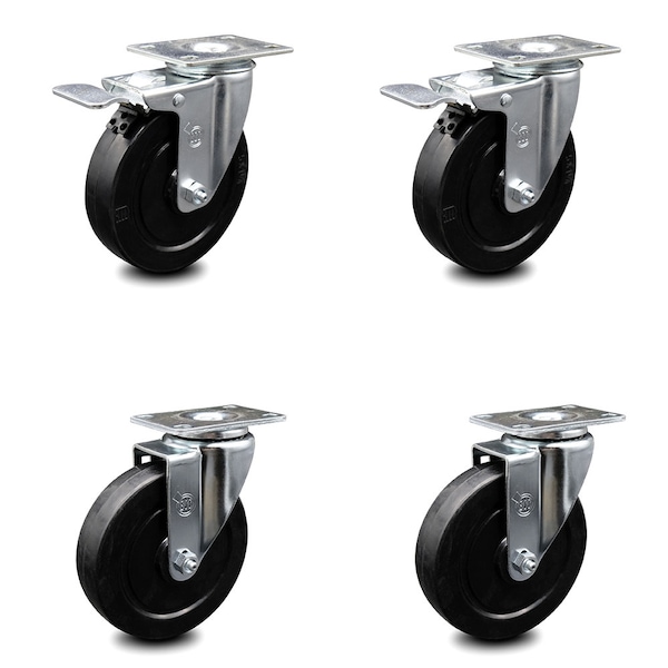 5 Inch Soft Rubber Wheel Swivel Top Plate Caster Total Lock Brakes SCC, 2PK